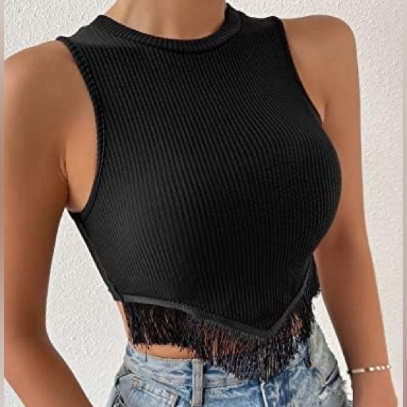 Fashion Nova Tops - Black Fringe Sleeveless Crop Top